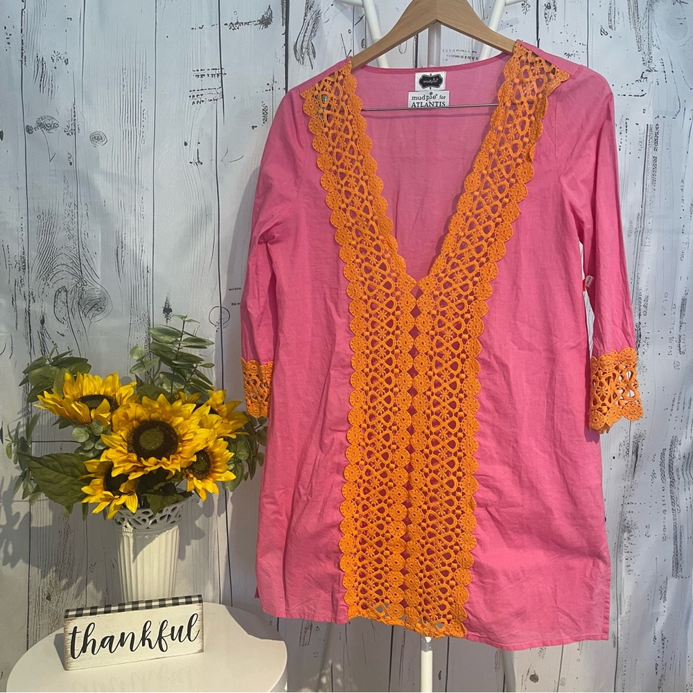 Mudpie for Atlantis Beach Swim Coverup Size M Orange Pink Lace Preowned - Picture 1 of 8